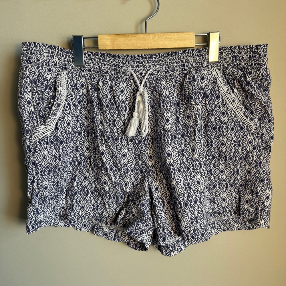 Briggs Womens XXL Navy White Linen Blend Geometric Beach Shorts Tassel Resort